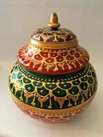 Small colourful Indian painted round basket style carved pot, Trinket box.